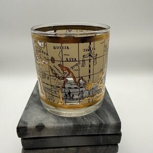 Vintage Cera 22k Gold Old World Map Whiskey Glass Old Fashioned Rocks Barware